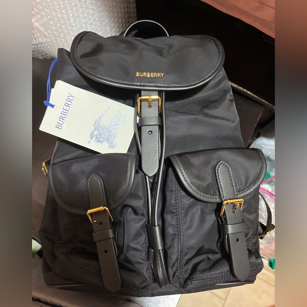 Burberry Black Nylon Backpack with Gold Accents